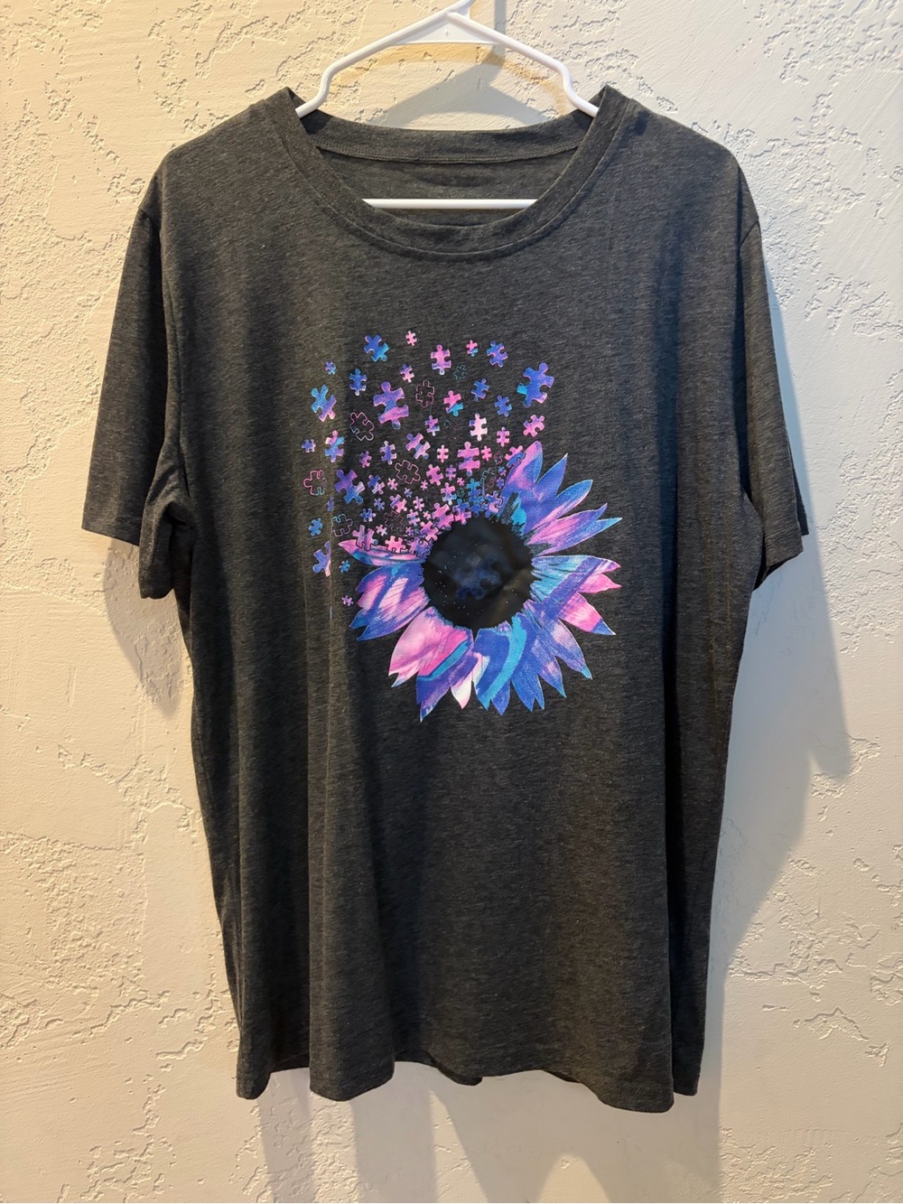 Charcoal Short Sleeve Tee with Blue-Purple Sunflower Graphic